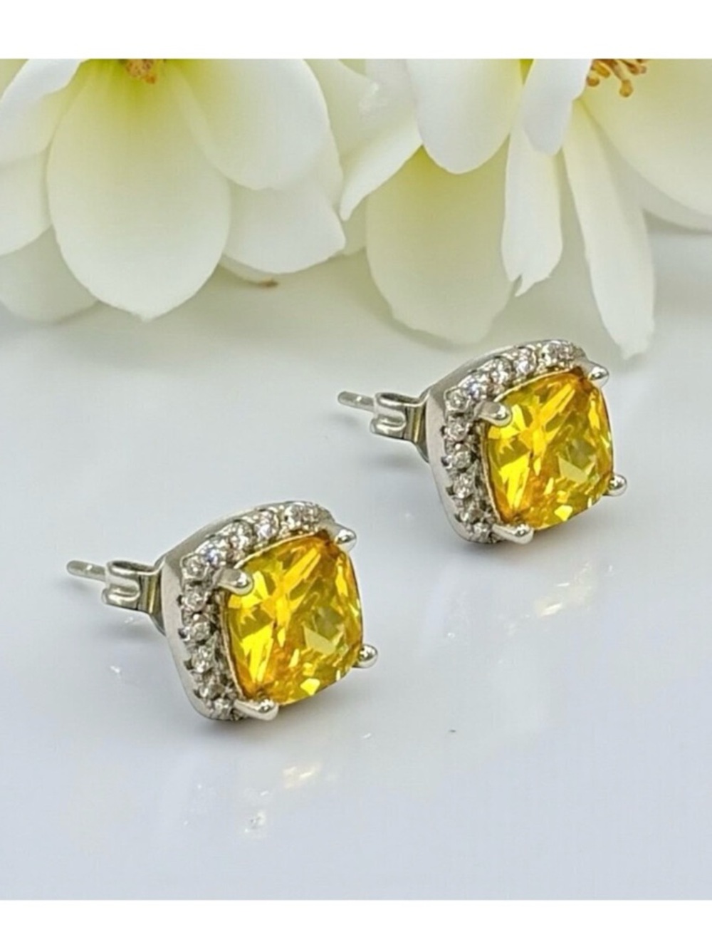 NEW Canary CZ Stud Earrings S925 Sterling Silver Square Halo Setting Glam